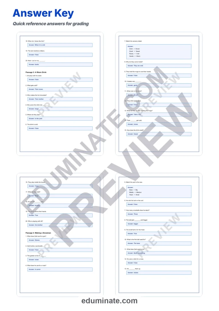 Winter Reading Comprehension Passages Worksheets 1st 2nd 3rd 4th 5th Grade sample page 6