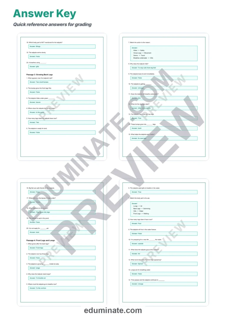 Tadpole Metamorphosis Reading Comprehension Passages Worksheets Grades 1 to 5 sample page 6