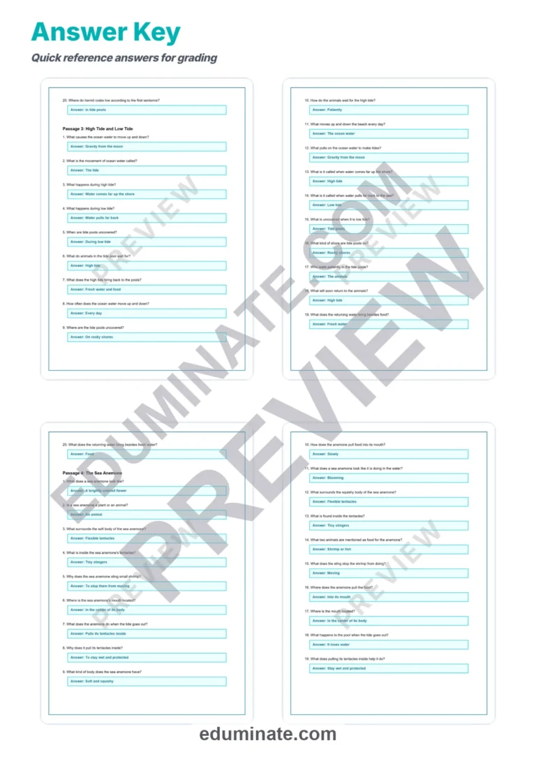 Tide Pools Reading Comprehension Passages Worksheets Science 2nd-8th Grade sample page 6