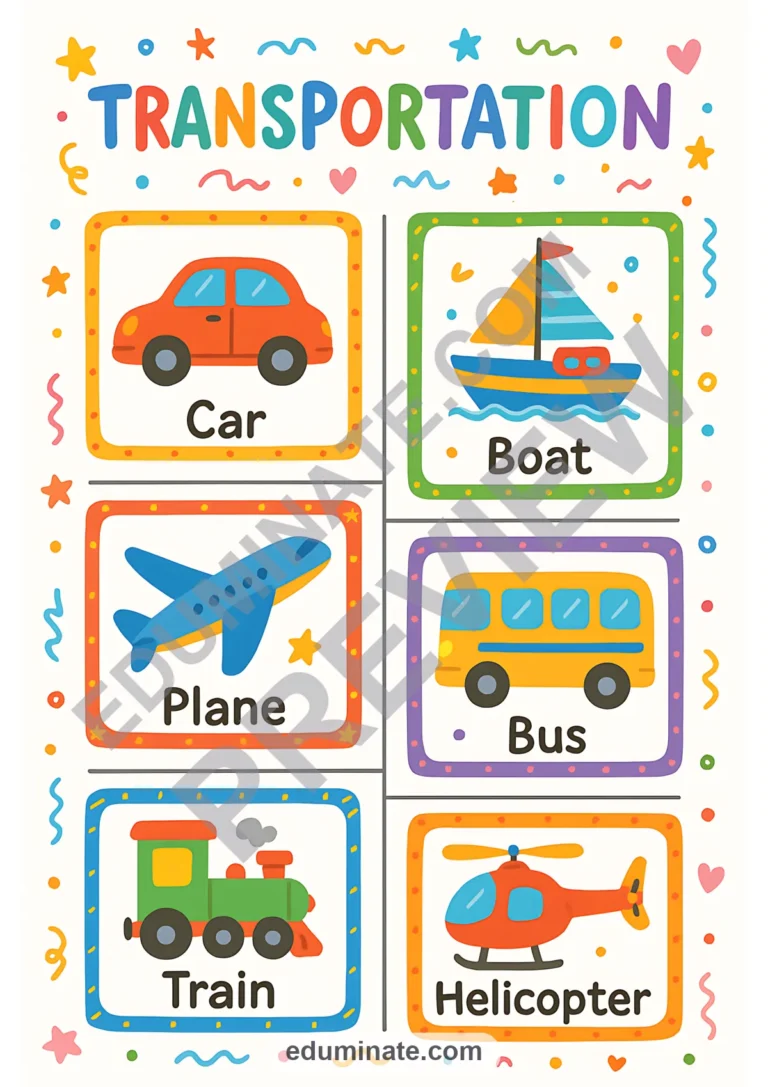 Transportation Chart | Printable Vehicles Chart for Preschool | 52 Chart Pages sample page 6