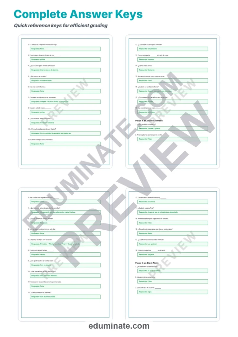 Spanish Summer Worksheets – Reading Passages with Questions and Answer Key sample page 6