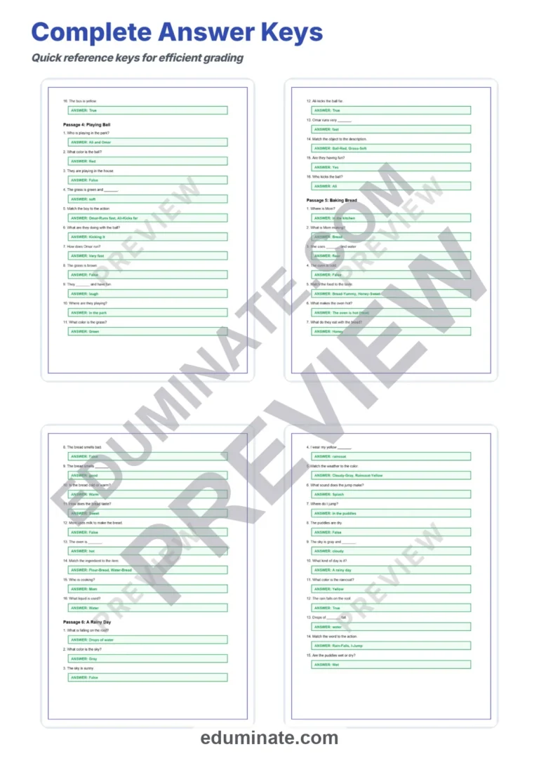 Reading Comprehension Packet – Reading Passages, Questions and Answer Key sample page 6
