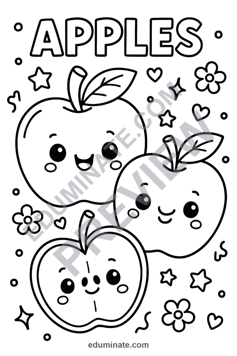Printable Apple Coloring Pages | Cute Smiling Apple Sheets | Fruit Printables sample page 6