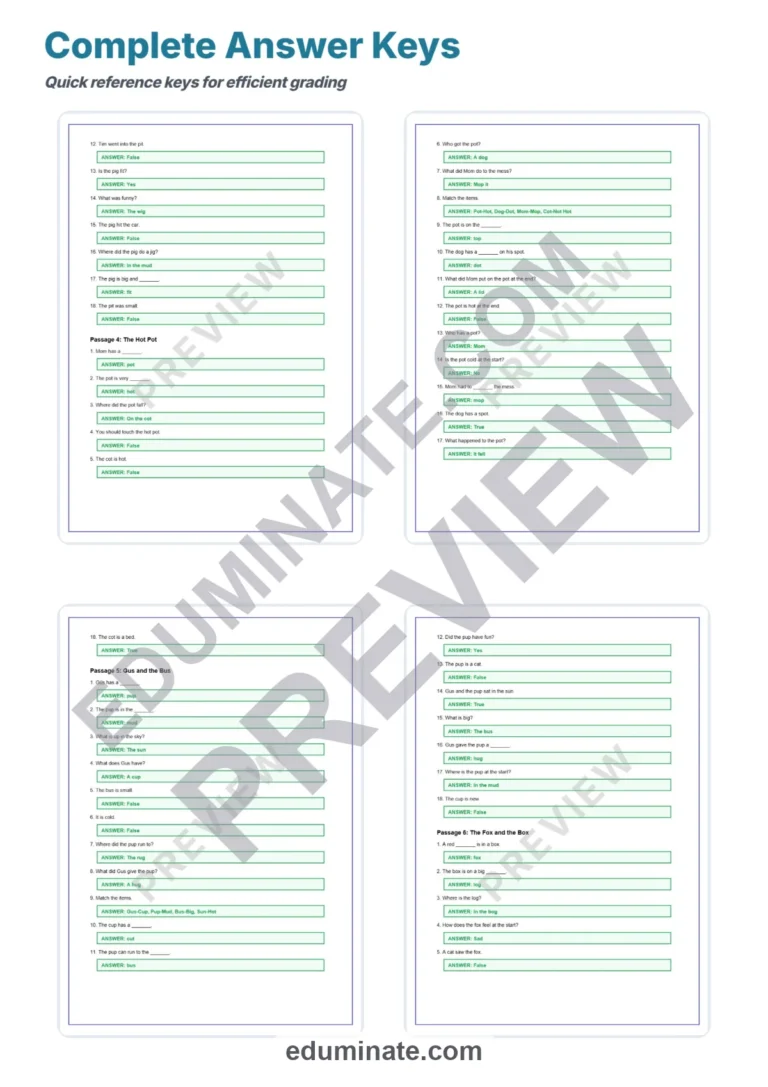CVC Sentences Kindergarten – Reading Passages, Questions and Answer Key Grade 1 sample page 6