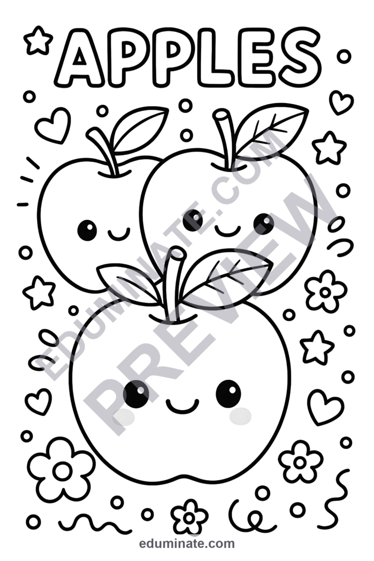 Cute Apple Coloring Pages | Kawaii Fruit Sheets | Smiling Apple Characters sample page 6
