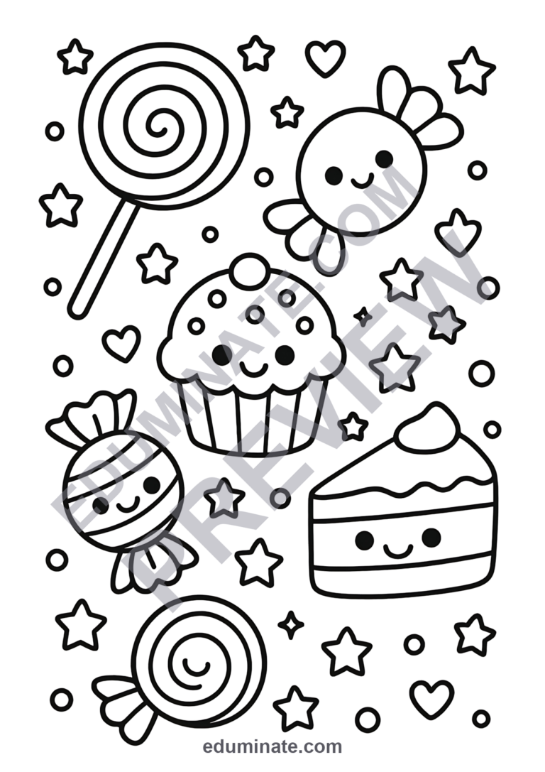 70 Cute Candy Coloring Pages Kawaii Sweets and Treats Activity Sheets for Kids sample page 6