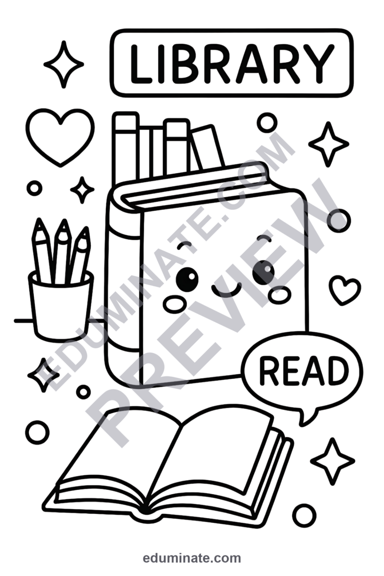 Library Coloring Pages Reading and Books Art Activity Sheets Pack for Kids sample page 6