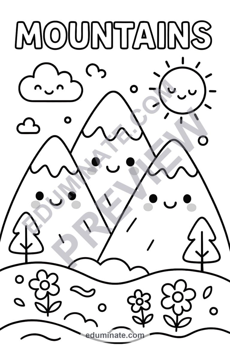 Easy Mountain Coloring Pages Simple Scenery Activity Sheets Pack for Kids sample page 6
