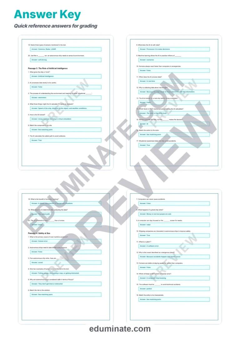 Autonomous Ships Reading Comprehension – Maritime Technology 10 Worksheets sample page 6