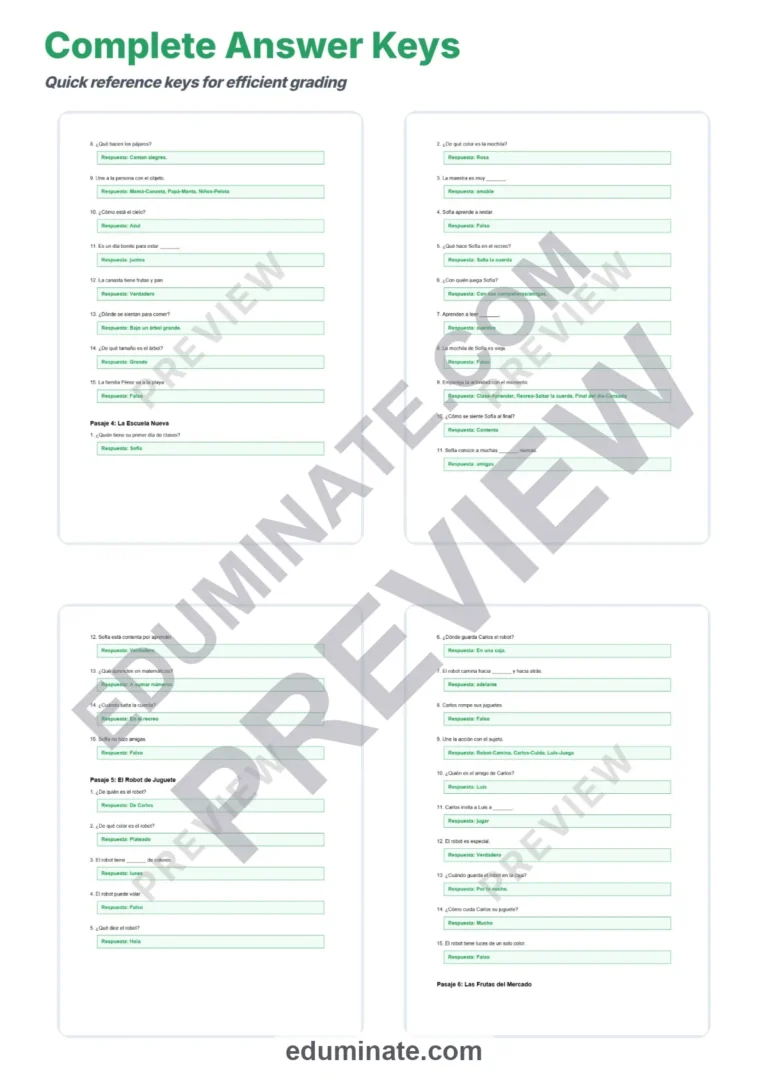 Spanish Reading Practice – Reading Passages, Questions and Answer Key Grades 1-3 sample page 6