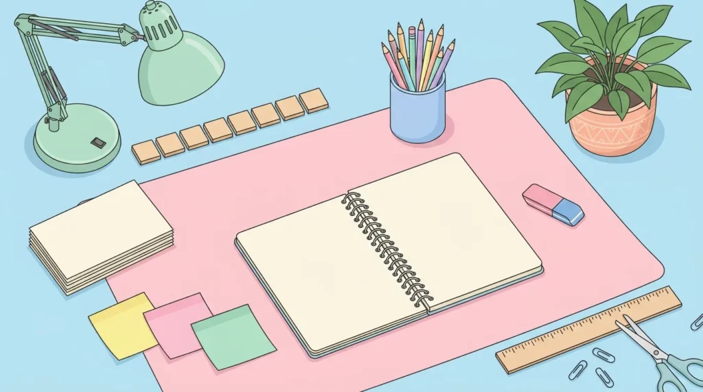 Pastel desk scene with blank wooden tiles, index cards, sticky notes and pencils on a sky blue background.