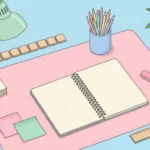 Pastel desk scene with blank wooden tiles, index cards, sticky notes and pencils on a sky blue background.