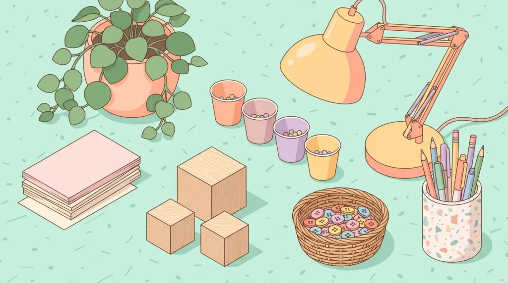 Pastel desk scene with blocks, buttons, cups with beads and blank cards on a mint background