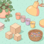 Pastel desk scene with blocks, buttons, cups with beads and blank cards on a mint background
