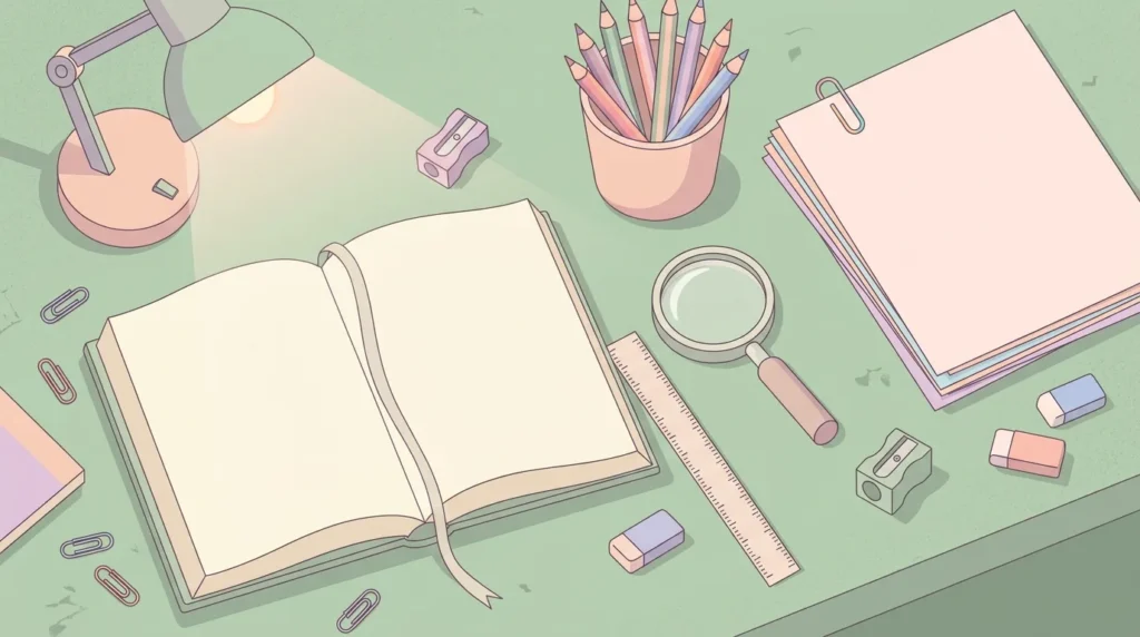 Pastel desk scene with an open blank book, paper sheets, colored pencils and a magnifying glass on a sage green background.