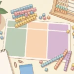 Pastel desk scene with base-ten blocks, a place value mat, ruler, pencils and an abacus frame on a cream background