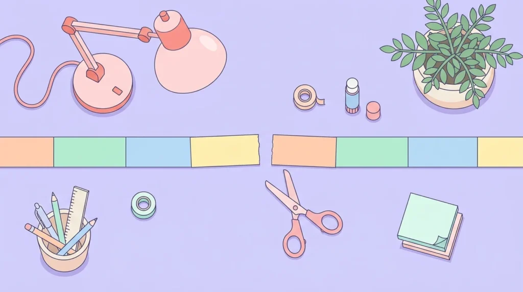 Pastel desk scene with paper strips, scissors, glue stick, tape and sticky notes on a lavender background