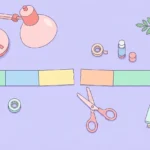 Pastel desk scene with paper strips, scissors, glue stick, tape and sticky notes on a lavender background