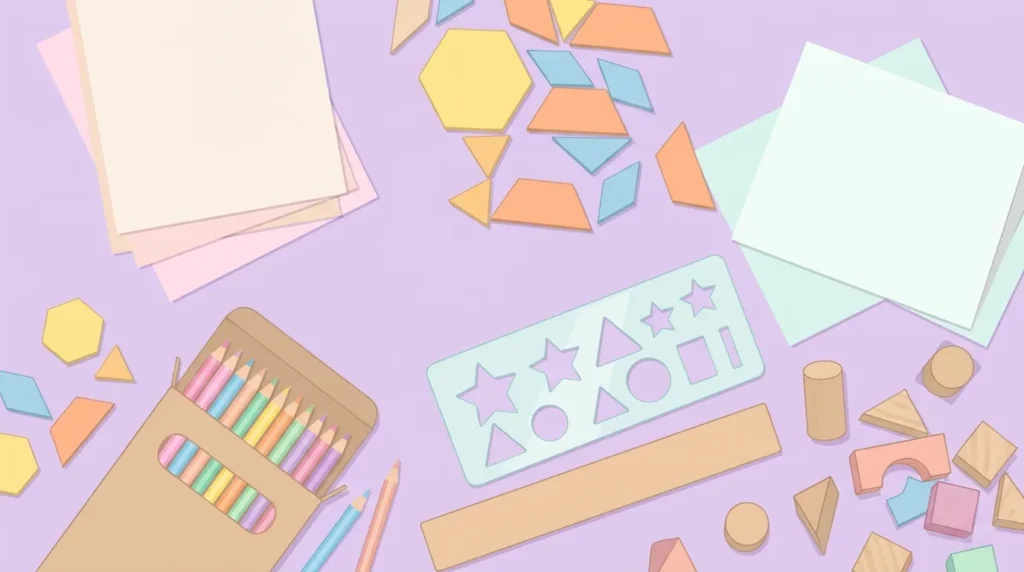 Pastel desk scene with paper, wooden pattern blocks, colored pencils, a shape stencil and a ruler on lilac.