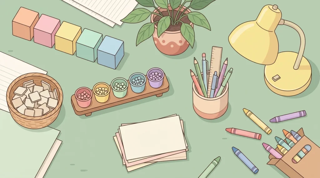 Pastel desk scene with five colored blocks, plain tiles, cups of counters and crayons on a sage green background