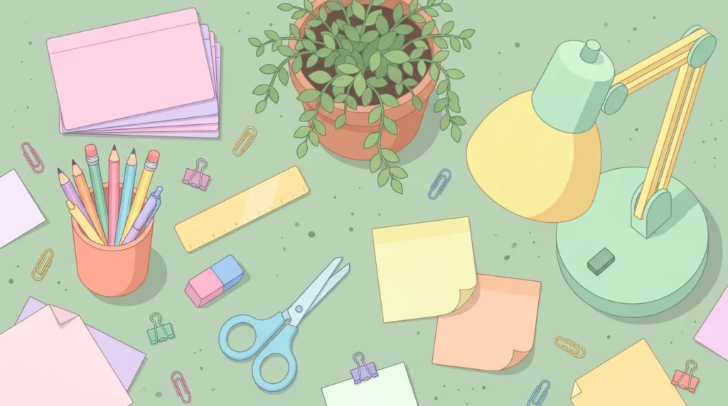 Pastel desk scene with blank index cards, a pencil cup, a ruler, scissors and a plant on a sage green background.