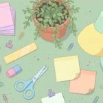 Pastel desk scene with blank index cards, a pencil cup, a ruler, scissors and a plant on a sage green background.