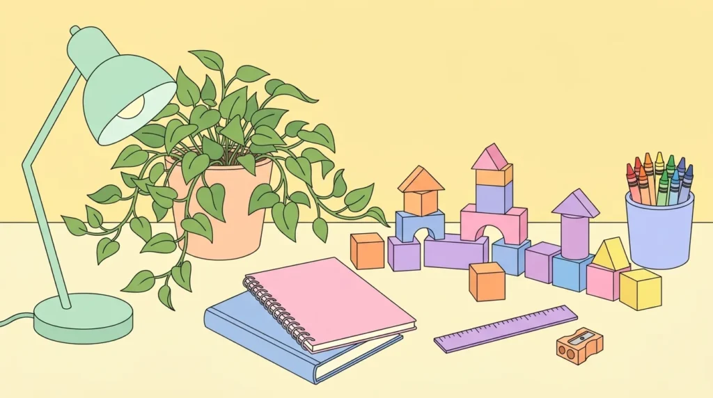 Pastel desk scene with colored blocks, blank notebooks, a crayon cup and a plant on a butter yellow background.