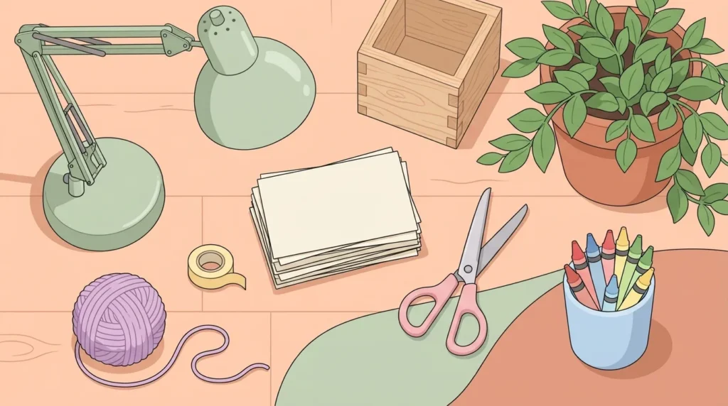 Pastel desk scene with blank index cards, a small box, crayons, yarn and a plant on a peach background.
