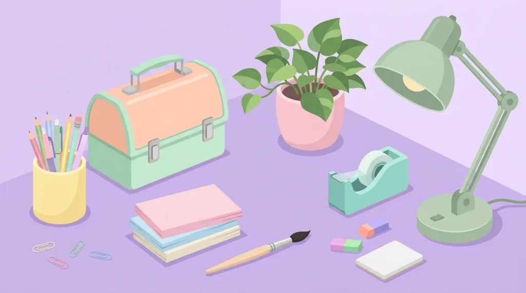 Pastel desk scene with blank index cards, a lunchbox, a pencil cup, tape and a plant on a lavender background.