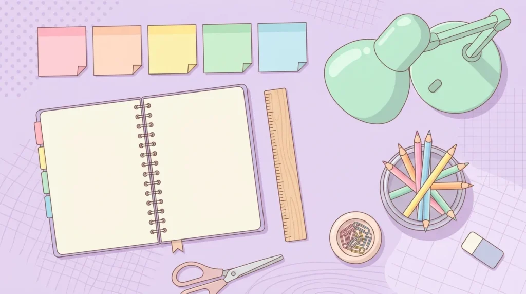 Pastel desk scene with a blank notebook, colored sticky notes, a ruler and a pencil jar on a lavender background.