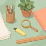 Pastel desk scene with paper, pencils, a closed book, a highlighter, a ruler and a magnifying glass on sage green.