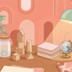 Pastel desk scene with wooden blocks, a paperweight, a glass jar and blank cards on a coral background.