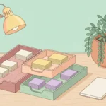 Pastel desk scene with three trays of blank cards, a pencil cup and a plant on a mint background.