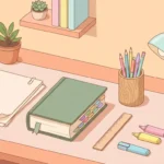 Pastel desk scene with paper, pencils, a ruler, a dictionary, highlighters and a desk lamp on peach.