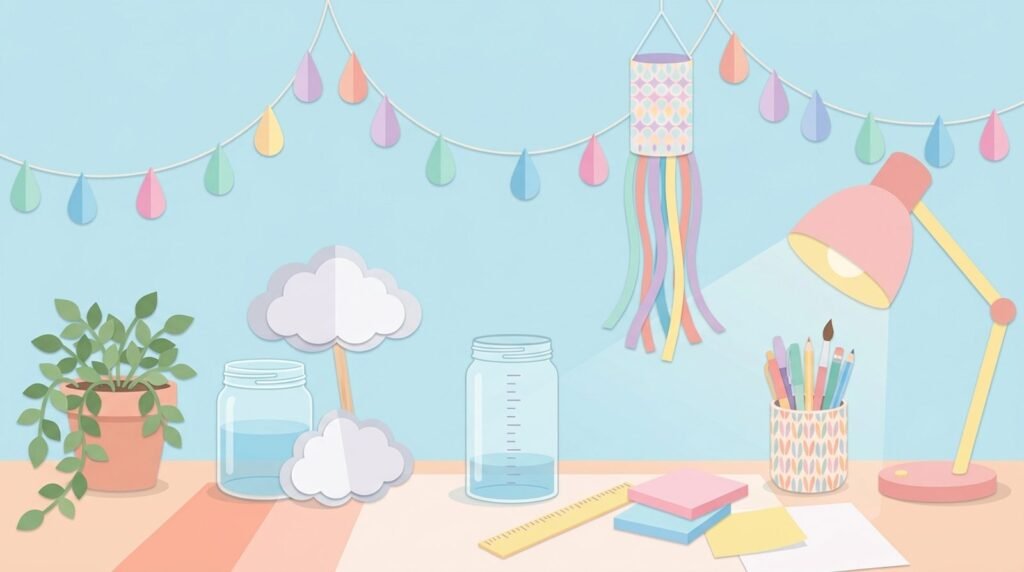 Pastel desk scene with a jar, paper cloud, raindrop garland, windsock and ruler on a sky blue background