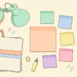 Pastel desk scene with paper sheets, sticky notes around a larger note, highlighters and a clipboard on a cream background