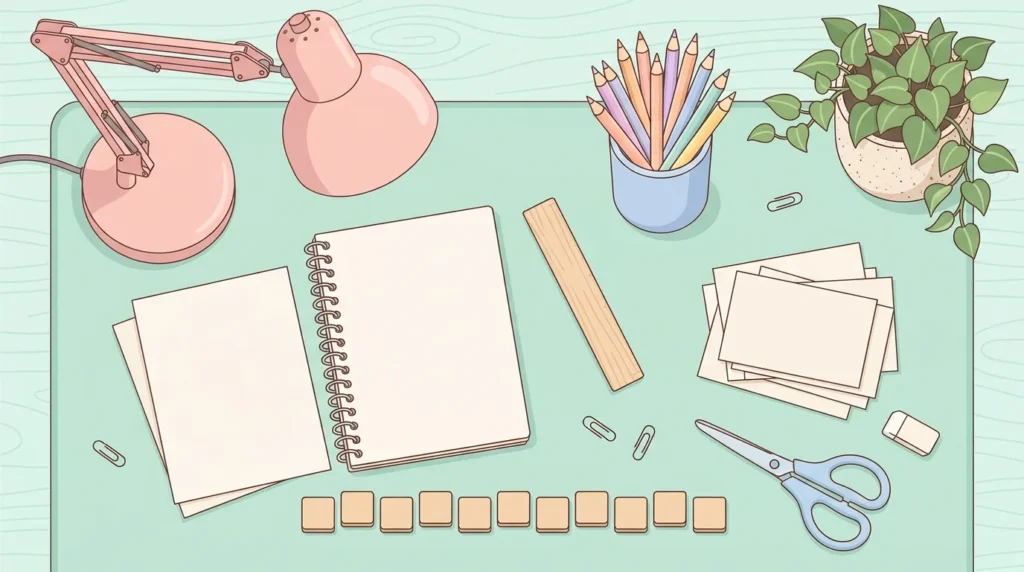 Pastel desk scene with blank cards, wooden tiles, pencils and a notebook on a peach background.